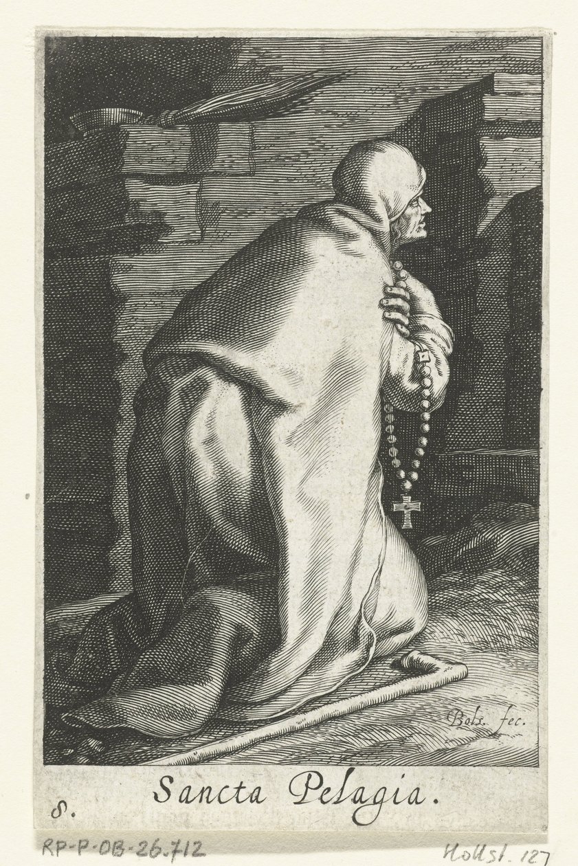 Św Pelagia z Antiochii jako pustelnik Sancta Pelagia (tytuł na obiekcie) Pustelnicy (tytuł serii) Sacra Eremus Ascetriarum (tytuł serii) autorstwa Boëtius Adamsz. Bolswert