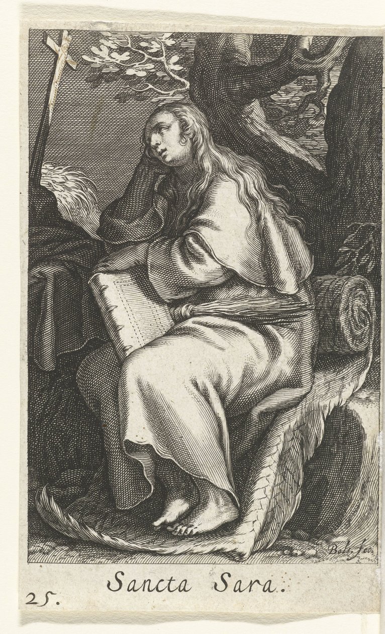 Święta Sara z Libii Sancta Sara (tytuł na obiekcie) Pustelnicy (tytuł serii) Sacra Eremus Ascetriarum (tytuł serii) autorstwa Boëtius Adamsz. Bolswert