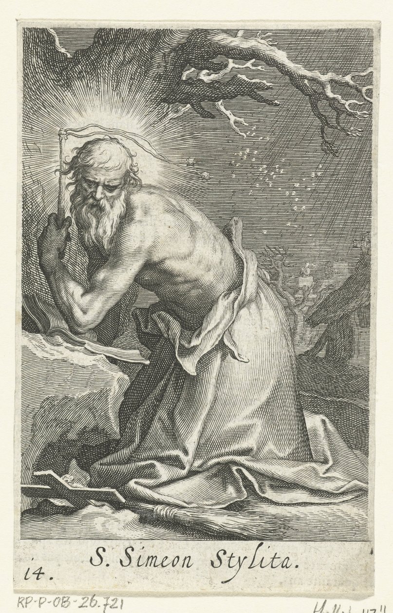Św. Symeon Słupnik Starszy jako pustelnik S. Simeon Stylita (tytuł na obiekcie) Pustelnicy (tytuł serii) Sacra eremvs ascetarvm (tytuł serii) autorstwa Boëtius Adamsz. Bolswert