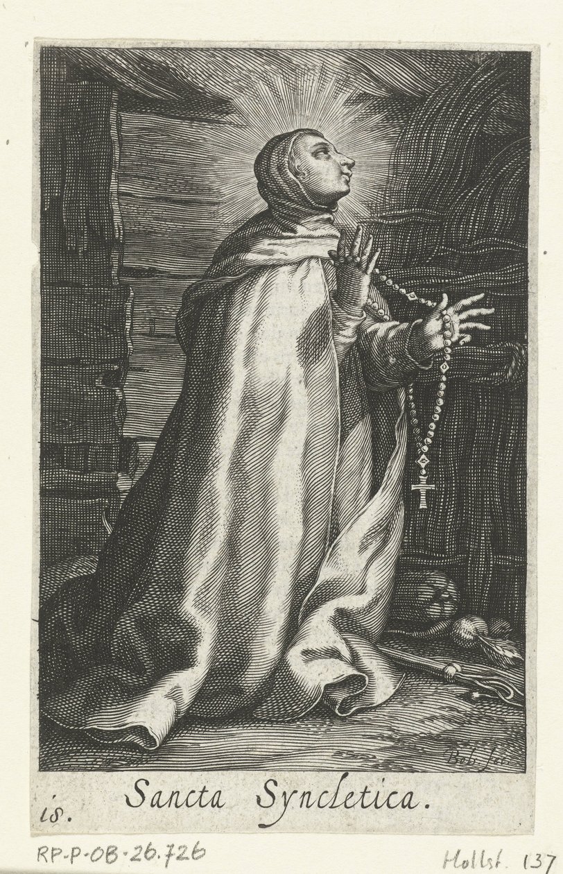 Święta Synkletyka z Aleksandrii jako pustelnik Sancta Syncletica (tytuł na obiekcie) Pustelnicy (tytuł serii) Sacra Eremus Ascetriarum (tytuł serii) autorstwa Boëtius Adamsz. Bolswert