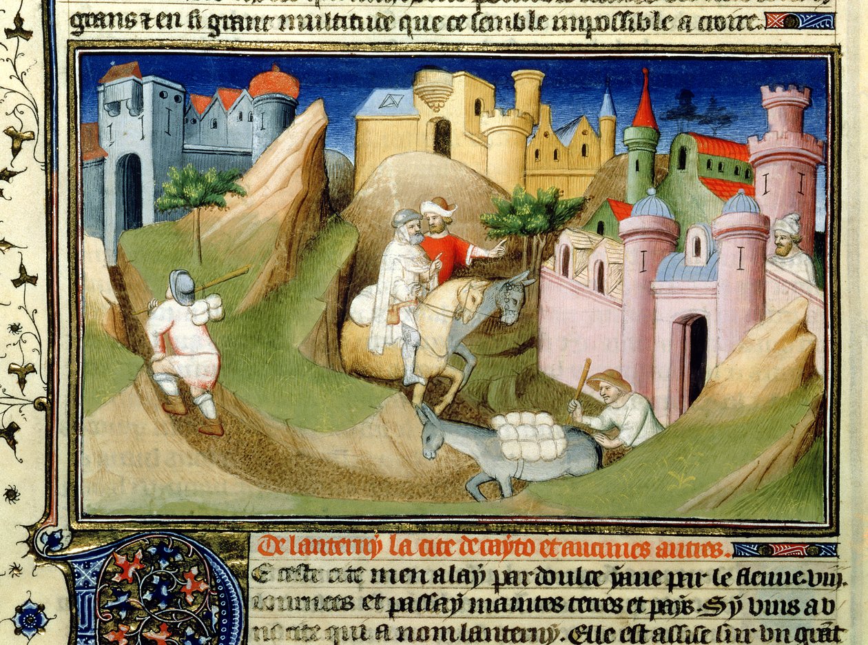 Pani Fr 2810 f.110v, Podróżujący poza Pekin z Odorico de Pordenone, z „Księgi cudów świata”, c.1410-12 (tempera na welinie) autorstwa Boucicaut Master