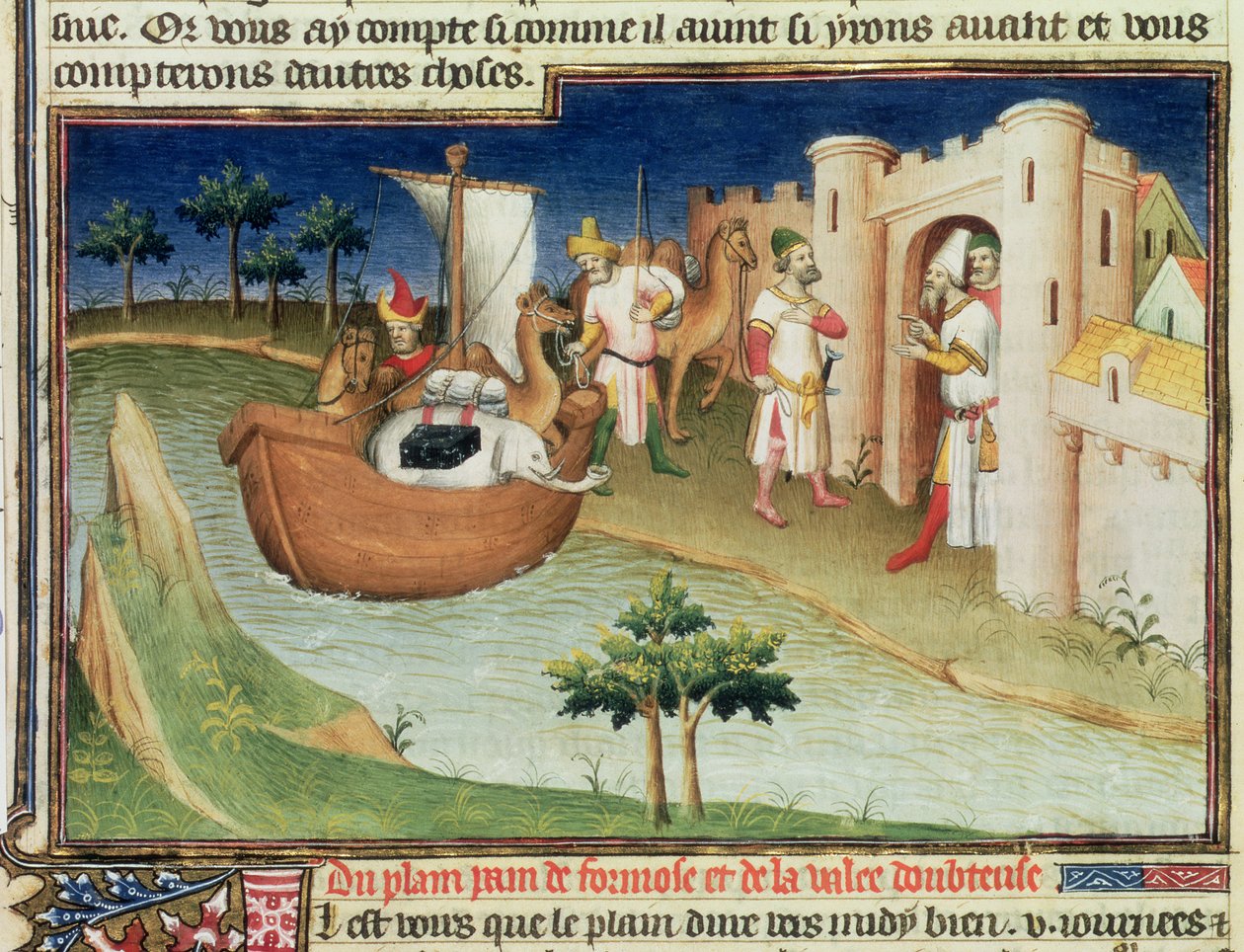 Pani Fr 2810 f.14v, Marco Polo ze słoniami i wielbłądami przybywającymi do Ormuz nad Zatoką Perską z Indii, z „Livre des Merveilles du Monde”, c.1410-12 (tempera na welinie) autorstwa Boucicaut Master