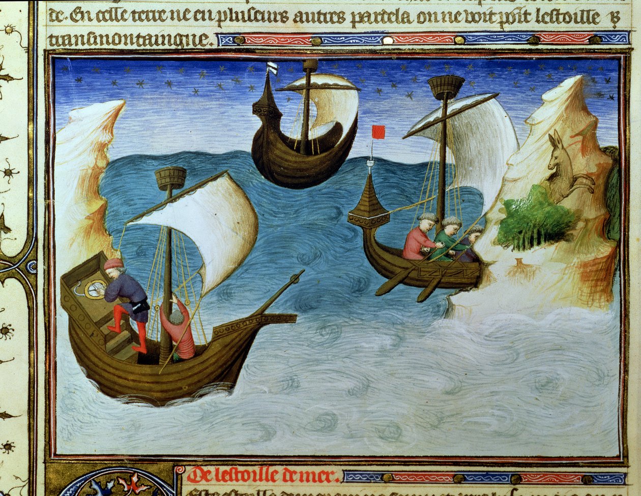 Pani Fr 2810 f.188, Nawigatorzy korzystający z astrolabium na Oceanie Indyjskim, z „Livre des Merveilles du Monde”, c.1410-12 (tempera on vellum) autorstwa Boucicaut Master