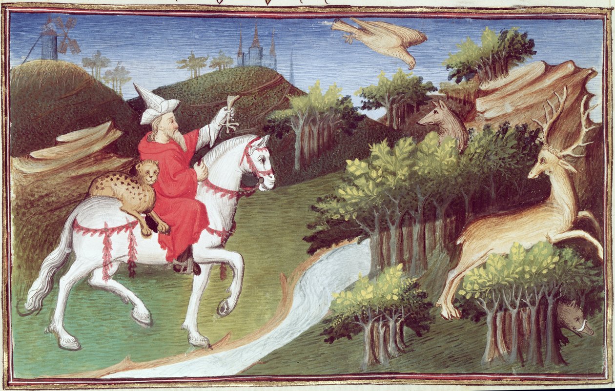 Ms Fr 2810 f.31v, Wielki chan wypuszcza swego orła przeciwko łani, z "Livre des Merveilles du Monde", ok. 1410-12 (tempera na welonie) autorstwa Boucicaut Master