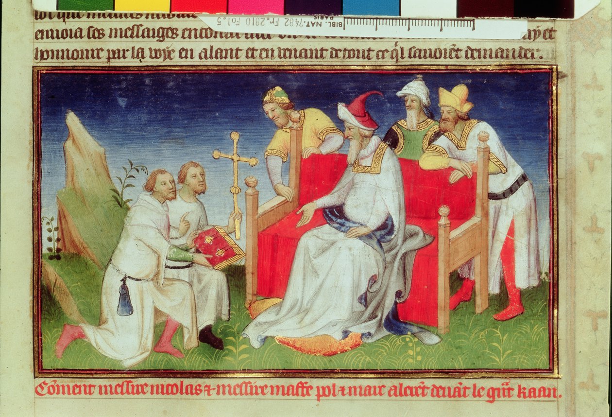 Pani Fr 2810 f.5, Nicolo i Marco Polo przed Wielkim Chanem, z „Livre des Merveilles du Monde”, ok. 1410-12 (tempera na welinie) autorstwa Boucicaut Master