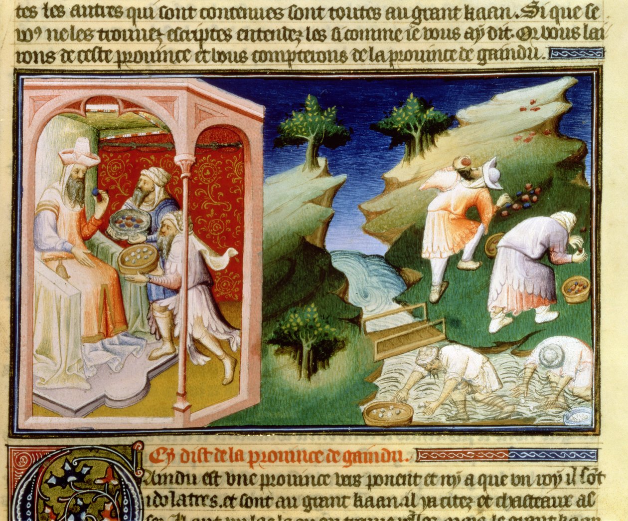 Pani Fr 2810 f.54, Łowienie pereł i zbieranie turkusów w prowincji Gaindu, z „Livre des Merveilles du Monde”, ok. 1410-12 (tempera na welinie) autorstwa Boucicaut Master
