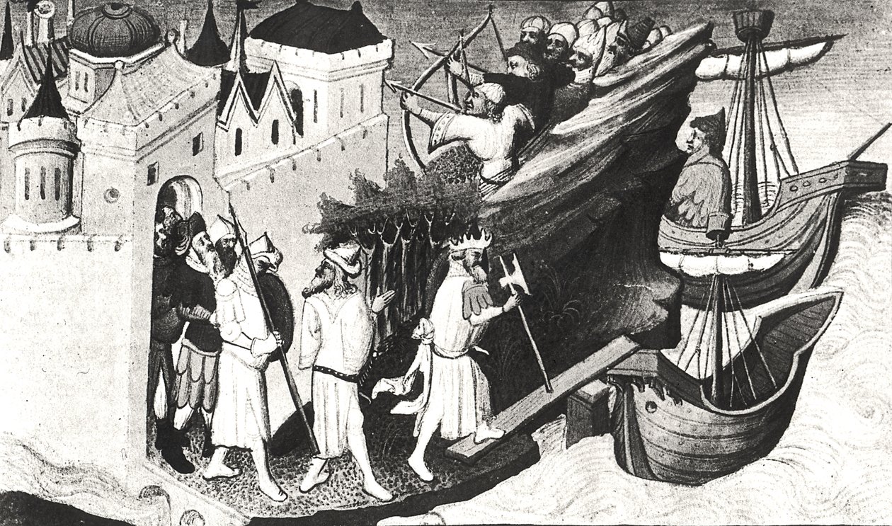 Pani Fr 2810 f.72, Żołnierze Wielkich Chanów zdobywają wyspę Sypangu, z Livre des Merveilles du Monde, c.1410-12 (tempera na welinie) (patrz także 176644) autorstwa Boucicaut Master