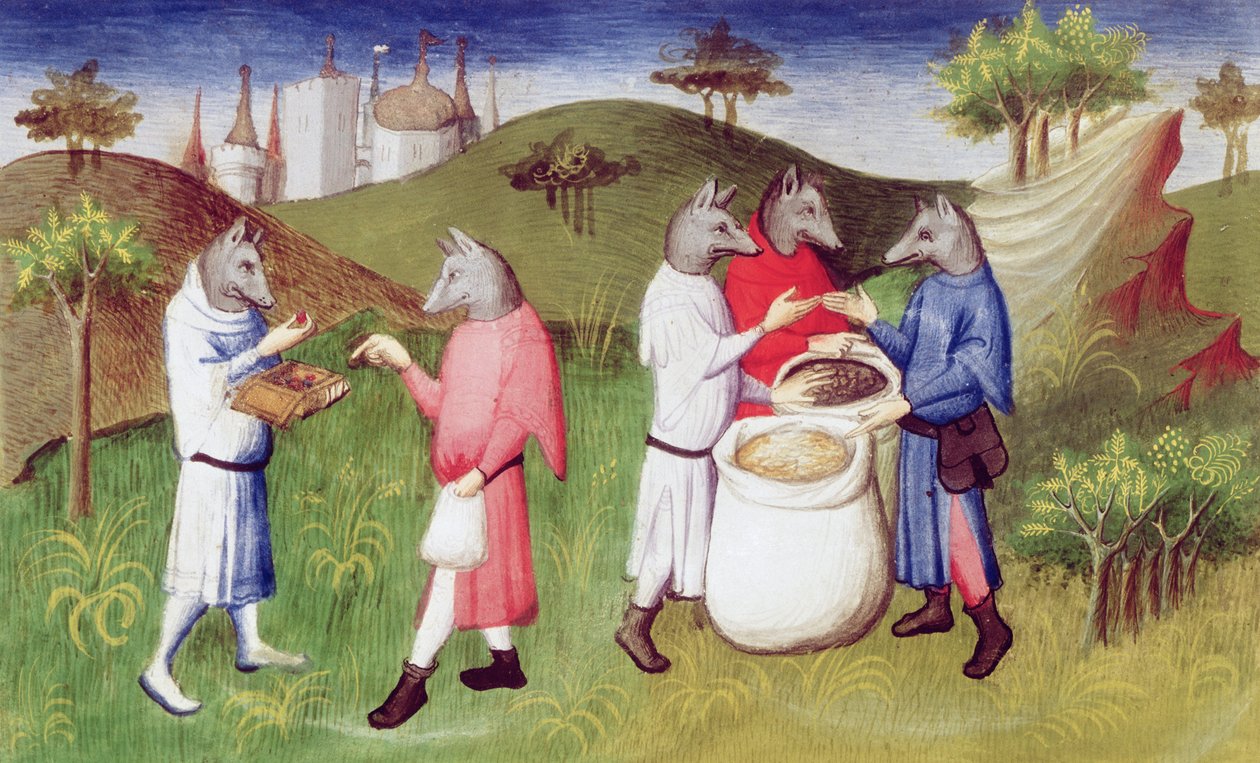 Pani Fr 2810 f.76v, Wilczy lud z Wysp Andamańskich na Oceanie Indyjskim, z „Le Livre des Merveilles”, c.1410-12 (tempera on vellum) autorstwa Boucicaut Master
