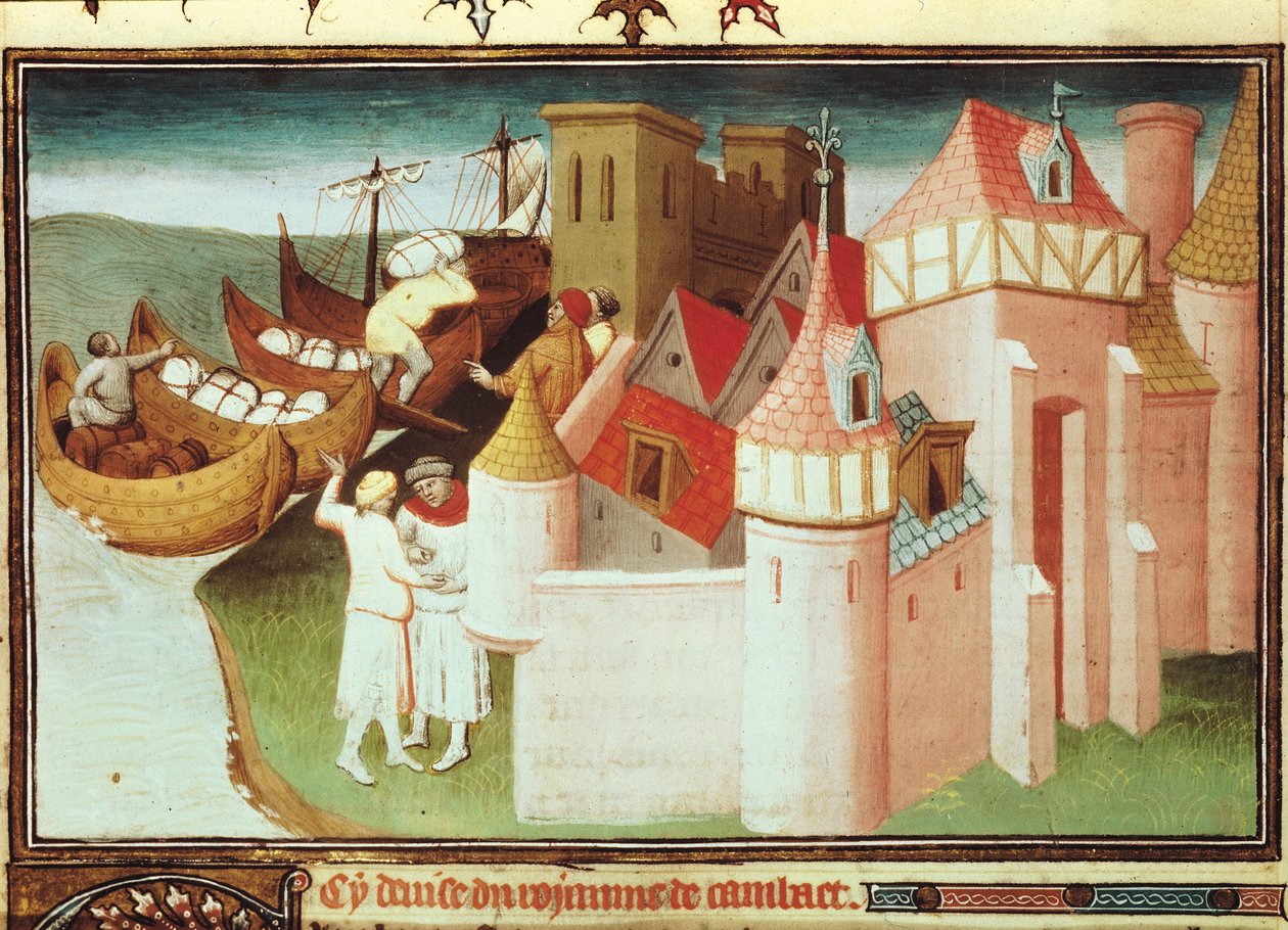 Pani Fr 2810 f.86v, Handel w Zatoce Cambay, Indie, z „Livre des Merveilles du Monde”, c.1410-12 (tempera on vellum) autorstwa Boucicaut Master