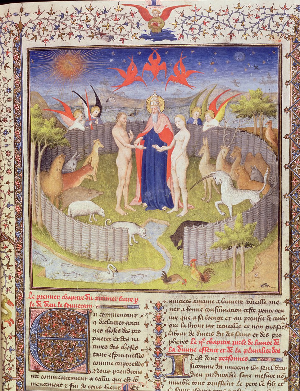 Ms 251, f.16r: Ślub Adama i Ewy z Des Proprietes De Choses, ok.1415 złoty płatek, złoty tusz i tempera na pergaminie z 276966 autorstwa Boucicaut Master