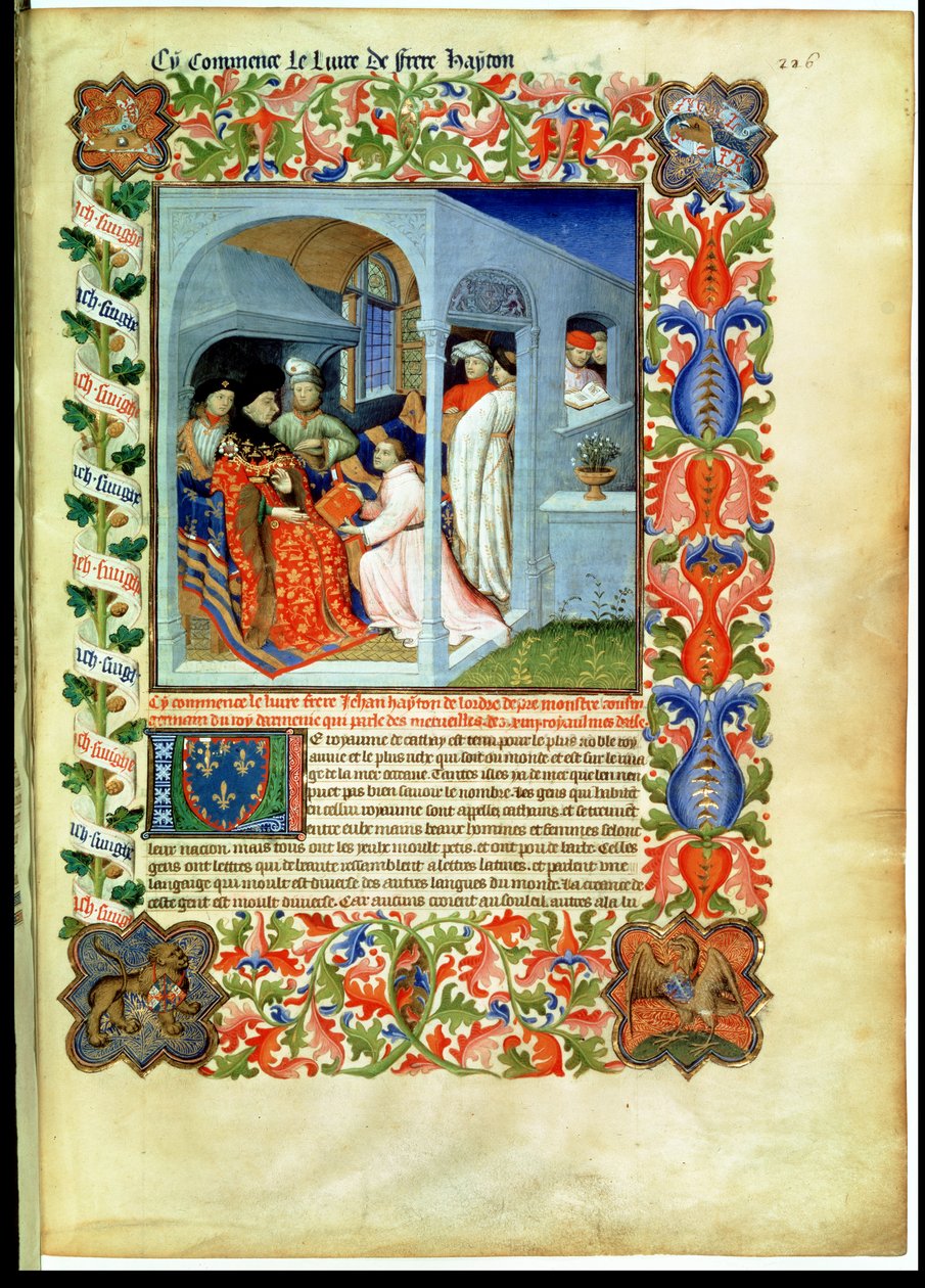 Ms Fr 2810 f.226, Brat Hayton prezentuje swoją księgę Jeanowi Sans Peur, z "Livre des Merveilles du Monde", ok. 1410-12 (tempera na 1vellum) autorstwa Boucicaut Master