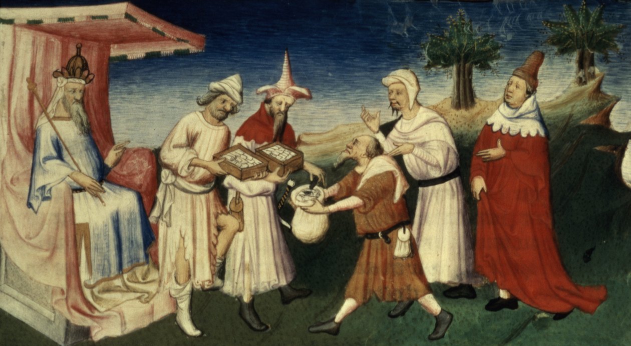 Pani Fr 2810 f.45, Jak wielki chan używał kory drzewnej jako waluty, z „Livre des Merveilles du Monde”, c.1410-12 (tempera on vellum) autorstwa Boucicaut Master