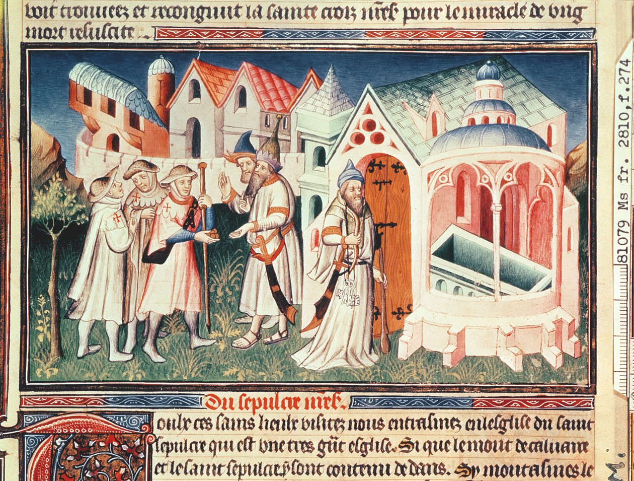 Ms Fr 2810 fol.274, Pielgrzymi przed Bazyliką Grobu Świętego w Jerozolimie, z „Livre des Merveilles de Monde”, ok. 1410-12 (tempera na welinie) autorstwa Boucicaut Master