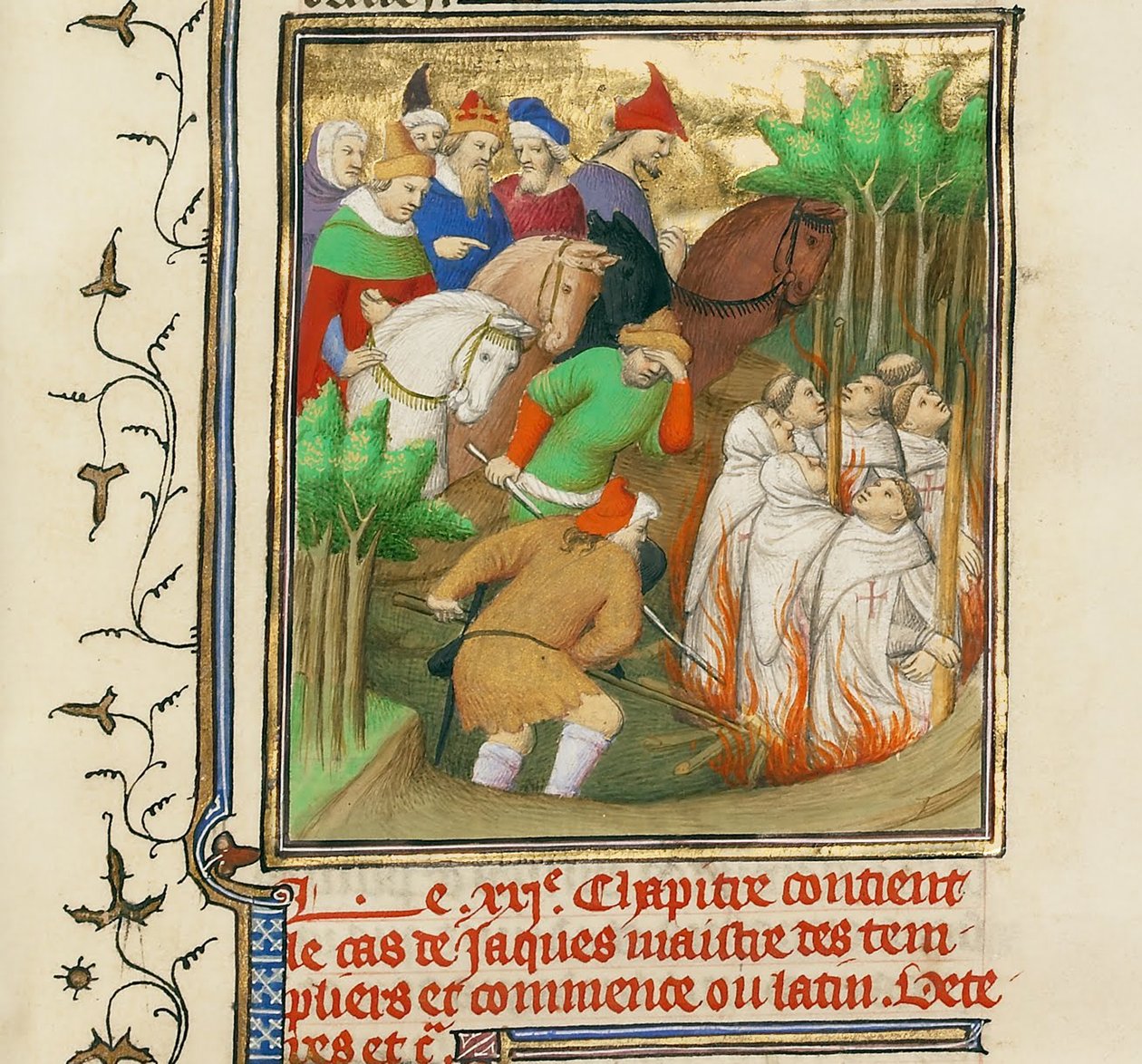 Templariusze spaleni w obecności Filipa Pięknego i jego dworzan, ok. 1413-1415 autorstwa Boucicaut Master,