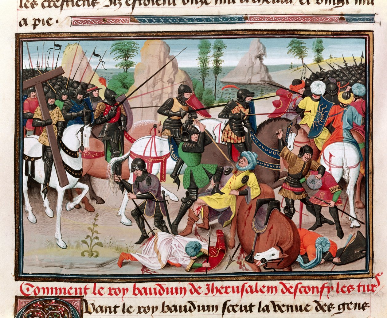 Ms 5089-90 Bitwa króla Baldwina I (ok. 1058-1118) z Turkami, z Chroniques des empereurs autorstwa Davida Auberta, 1462 autorstwa Brabant School