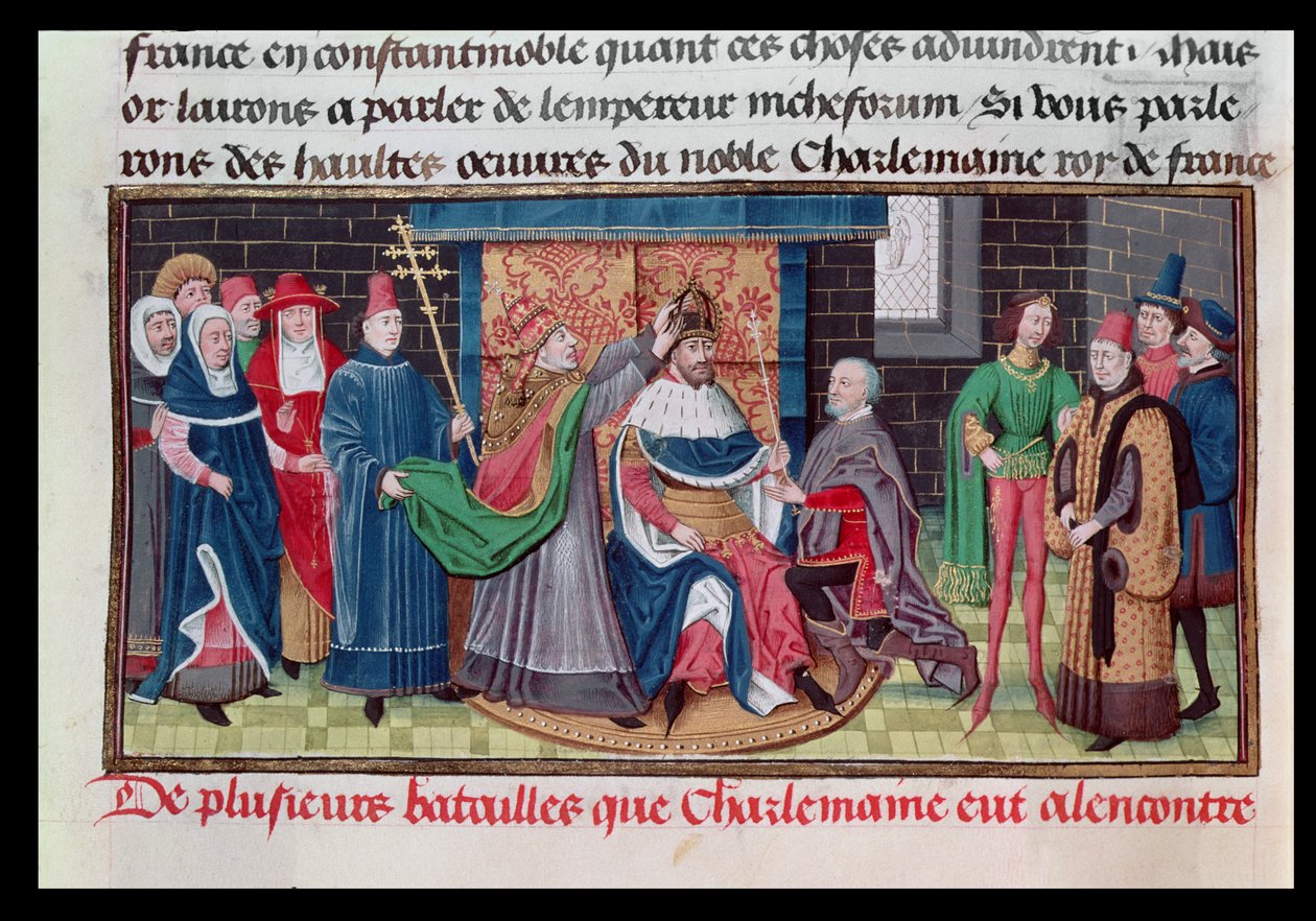 Ms 5089-90 Koronacja cesarza Karola Wielkiego (747-814) przez papieża św. Leona III (zm. 816) w Wigilię Bożego Narodzenia 800 rne, z Chroniques des Empereurs autorstwa Davida Auberta, 1462 autorstwa Brabant School
