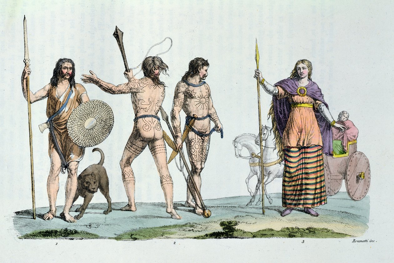 Celtycki lud w czasach Juliusza Cezara, ilustracja z „Le Costume Ancien ou Moderne”, autorstwa Julesa Ferrario, wydanej w Mediolanie ok. 1820 r. (kolorystyka) autorstwa G. and Raineri Bramatti