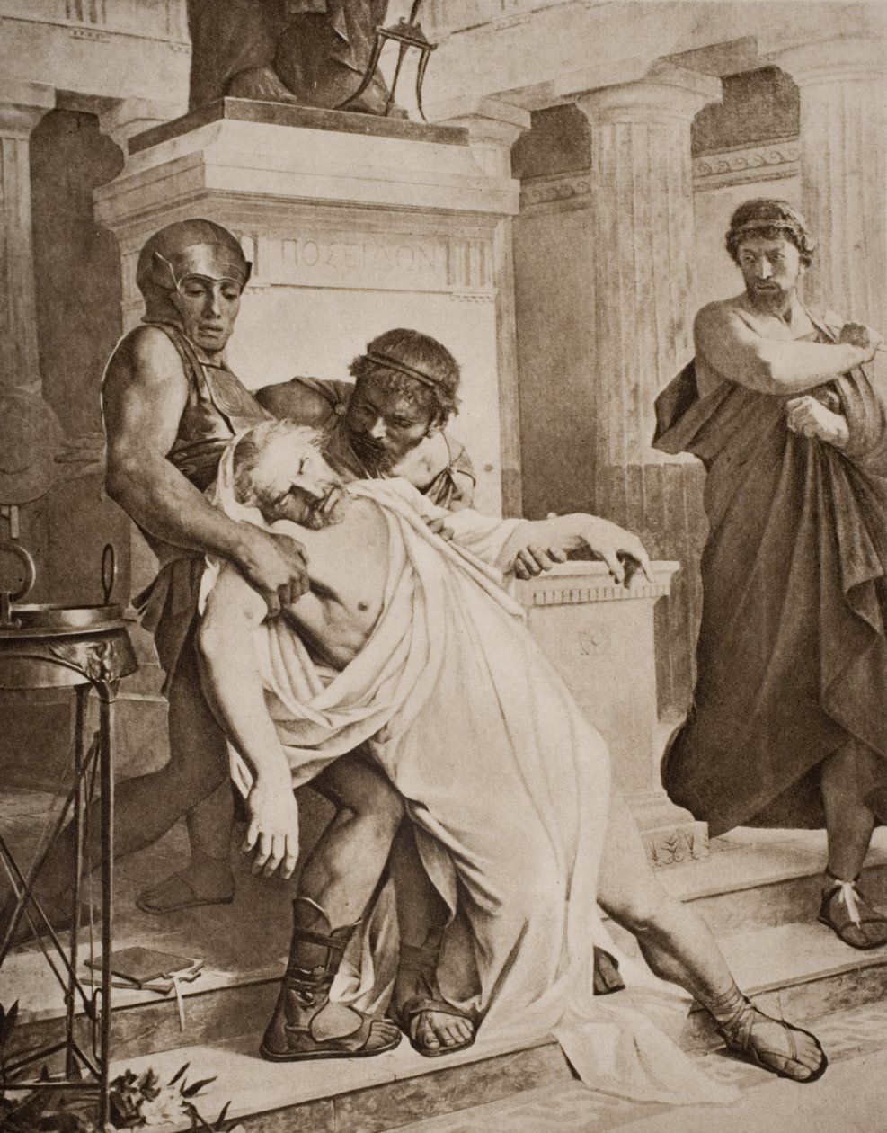 Śmierć Demostenesa, ilustracja z „Zarysu historii” H.G. Wellsa, tom I, wydanej w 1920 r. autorstwa Bramtott