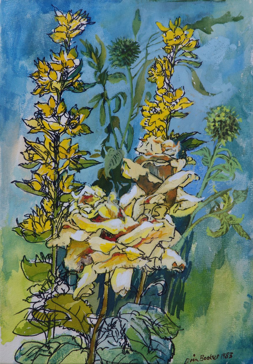 Yellow Rose and Loosestrife, 1983 (pióro i atrament z toaletą na papierze) autorstwa Brenda Brin Booker