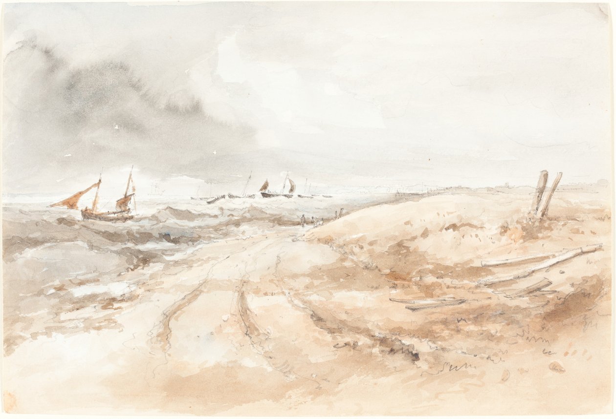 Scena brzegowa z łodziami w wzburzonej wodzie autorstwa British 19th Century