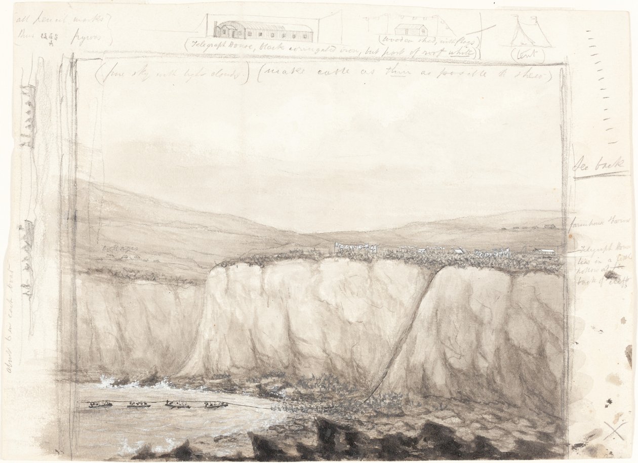Szkic łodzi w pobliżu klifu autorstwa British 19th Century