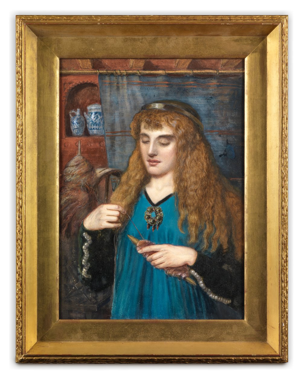A Maiden Winding Wool, ok. 1890 (gwasz, akwarela i kolor ciała na kartonie) autorstwa British School