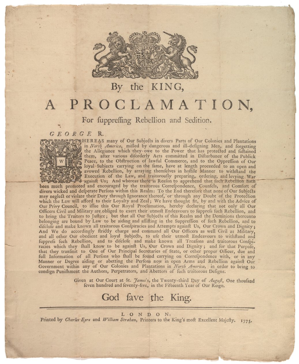 Proklamacja o stłumieniu buntu..., 23 sierpnia 1775 r. autorstwa British School