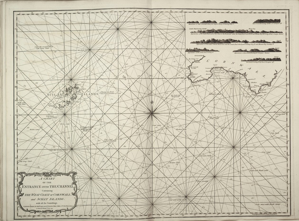 Mapa wejścia do kanału La Manche zawierająca zachodnie wybrzeże Kornwalii i wysp Scilly ze wszystkimi sondowaniami autorstwa British School