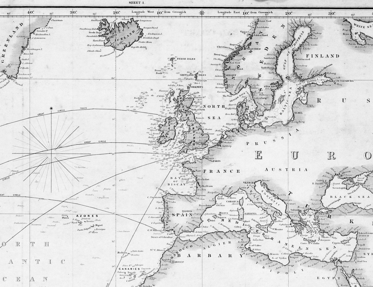 Ogólna mapa do celów wytyczania trasy statku z Anglii na południe i dookoła świata (szczegóły) autorstwa British School