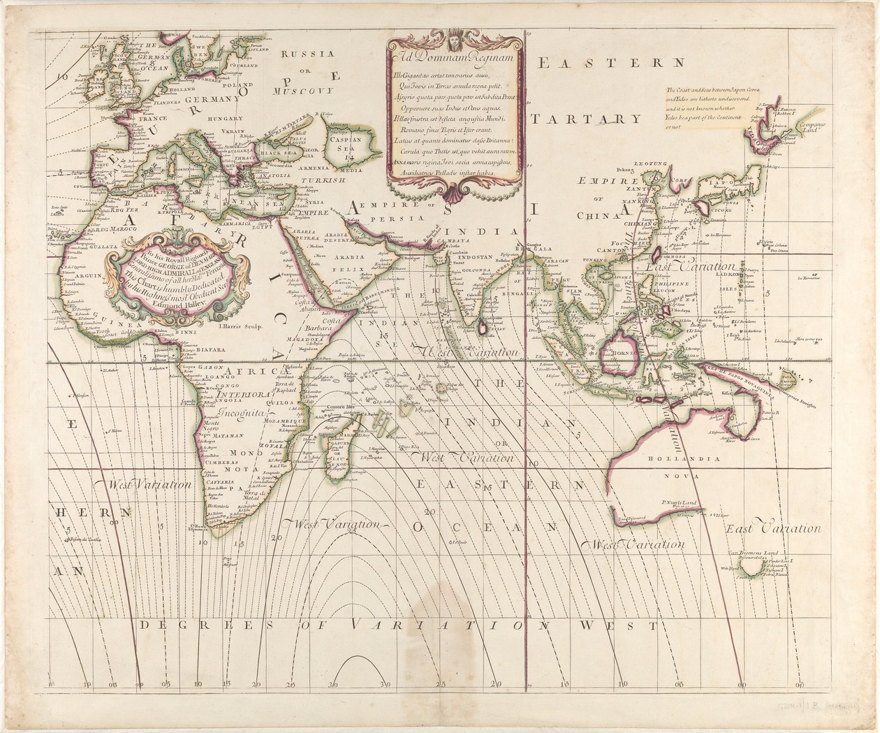 Nowa i poprawna mapa morska całego świata pokazująca odchylenia kompasu, tak jak zostały one znalezione w roku 1700. autorstwa British School