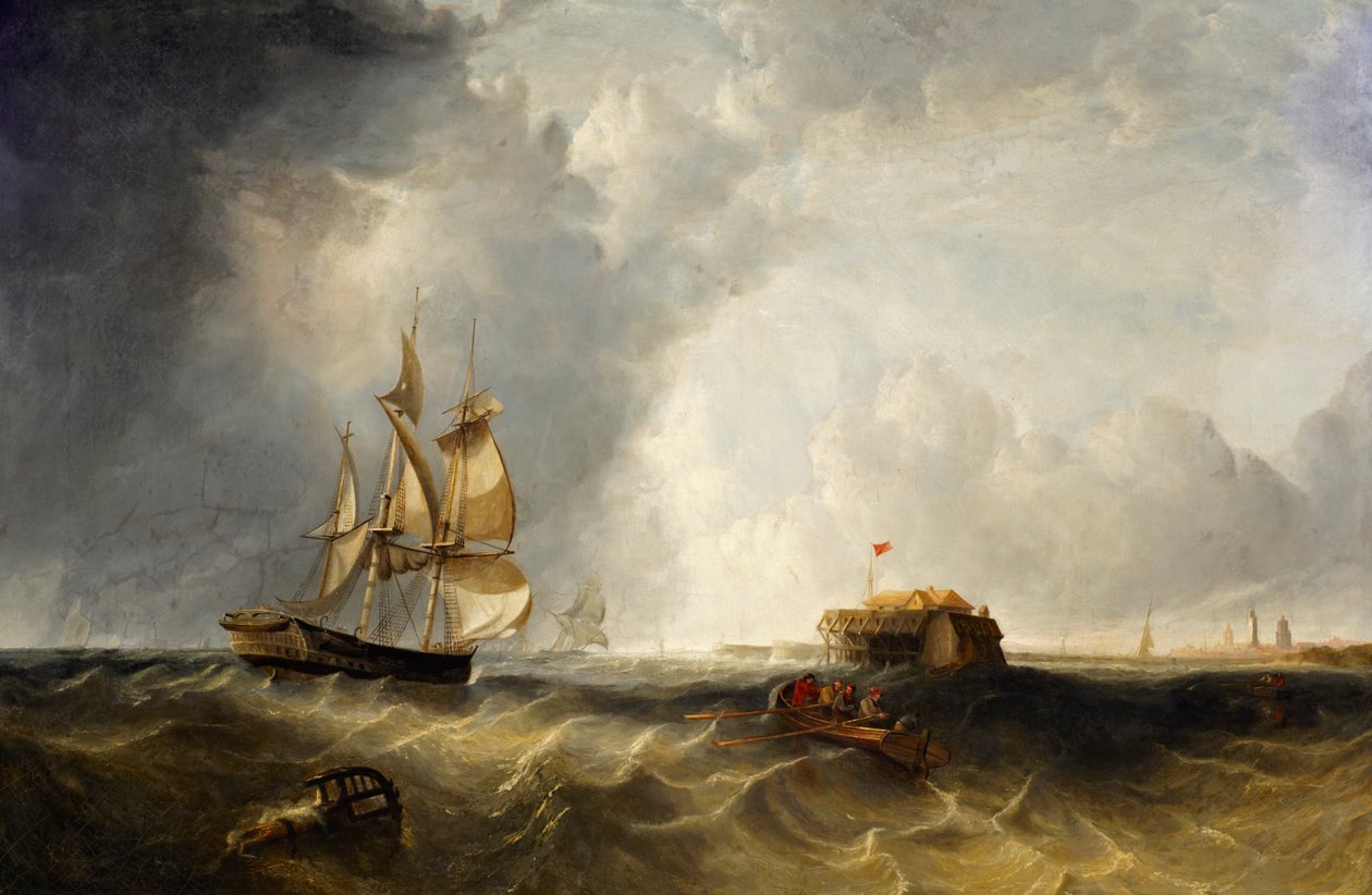 Żaglowiec i łódź wiosłowa u wybrzeży Calais autorstwa British School
