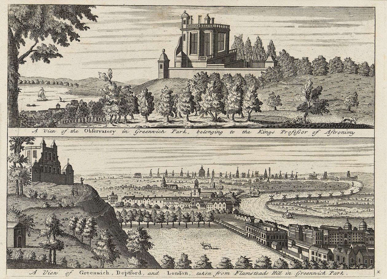 "Widok na obserwatorium w Greenwich Park...[oraz] Widok na Deptford i Londyn z Flamsteed Hill w Greenwich Park", ok. 1750 r. (rycina) autorstwa British School