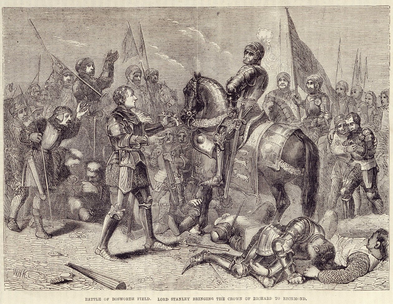 Bitwa pod Bosworth. Lord Stanley sprowadza koronę Ryszarda III do Richmond (1485): koniec Wojny Dwóch Róż - w „”Ilustrowanej historii Anglii Cassella”, tom. II, autorstwa Williama Howitta autorstwa British School