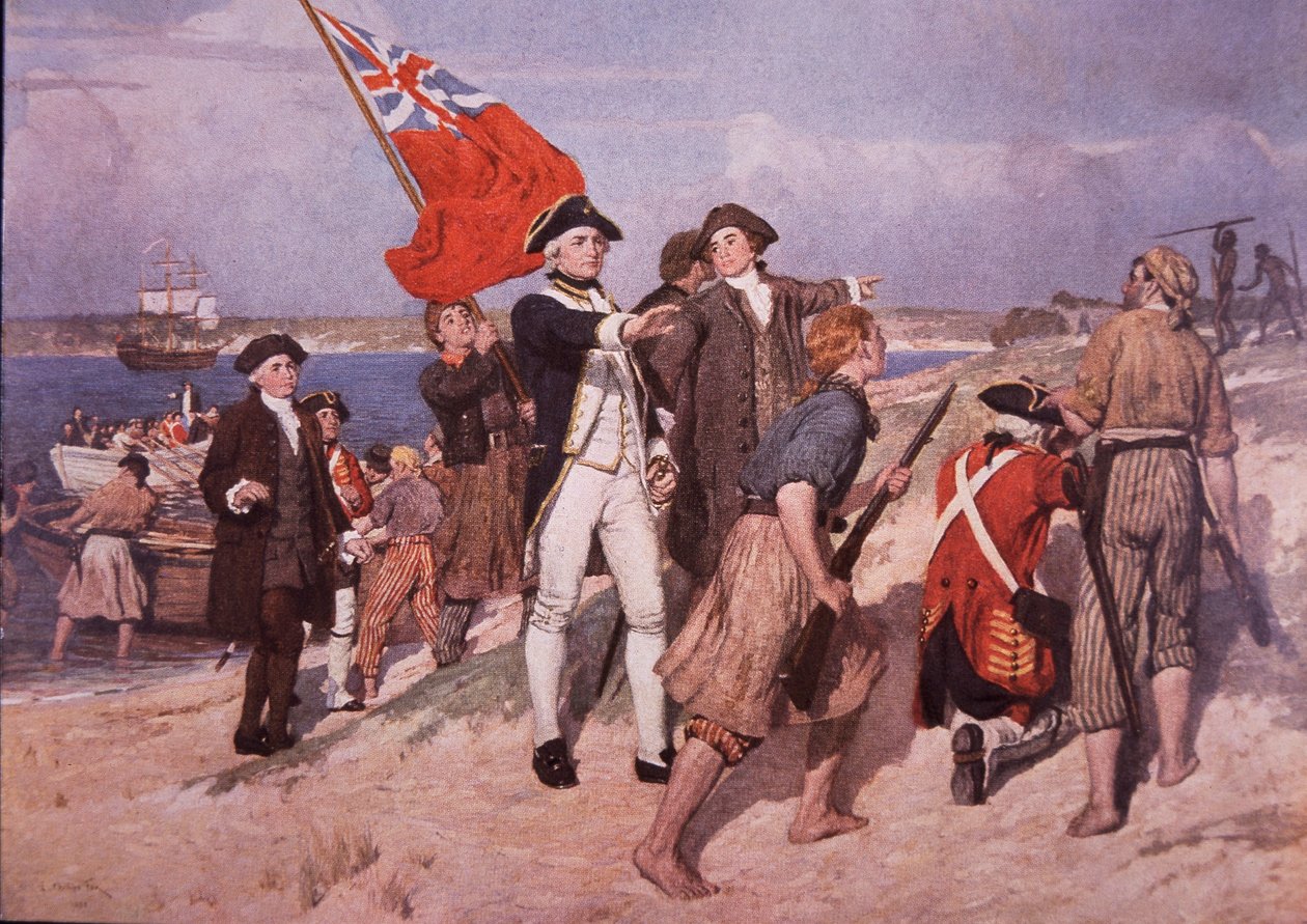 Kapitan James Cook ląduje w Australii (kolor lito) autorstwa British School