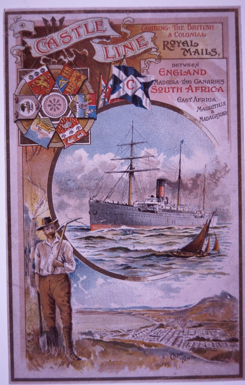 Broszura Castle Line z listą pasażerów zamku Tantallon płynącego z Kapsztadu do Londynu w 1898 roku (kolor lito) autorstwa British School