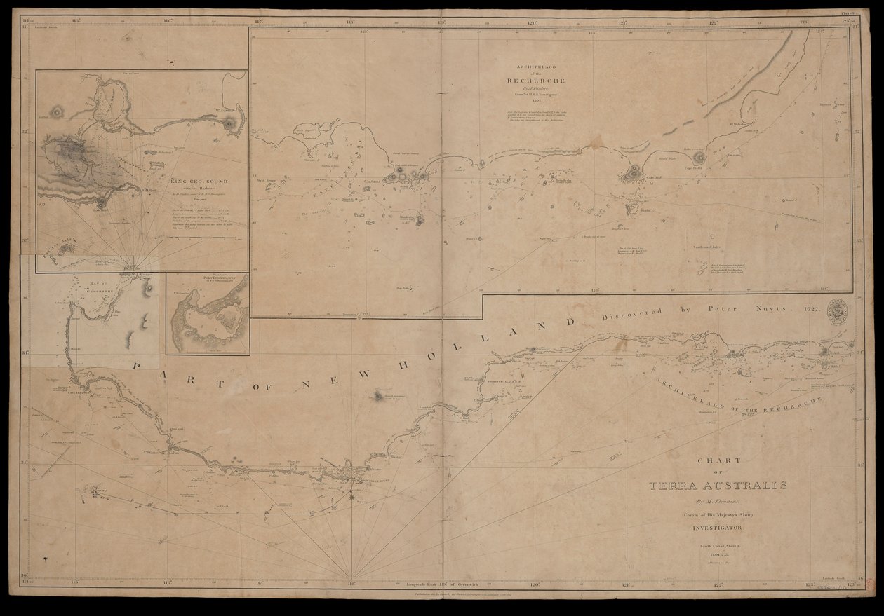 Mapa Terra Australis sporządzona przez M. Flindersa, dowódcę statku Jego Królewskiej Mości "Investigator". Południowe wybrzeże Arkusz I 1801 autorstwa British School