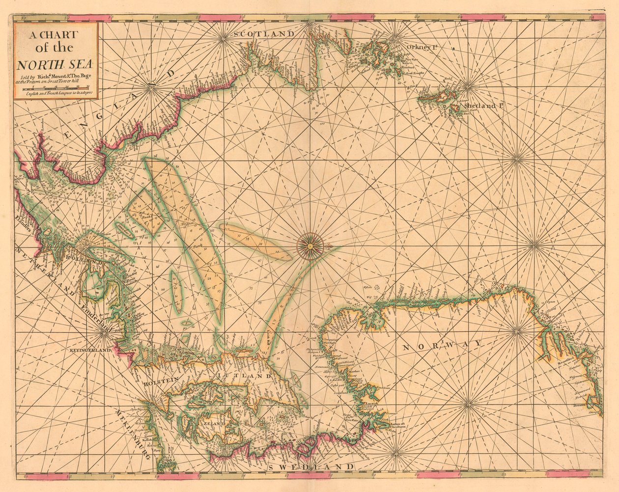 Mapa Morza Północnego: Norwegia do Cieśniny Dover, ok. 1700 r. (kolorowa rycina) autorstwa British School