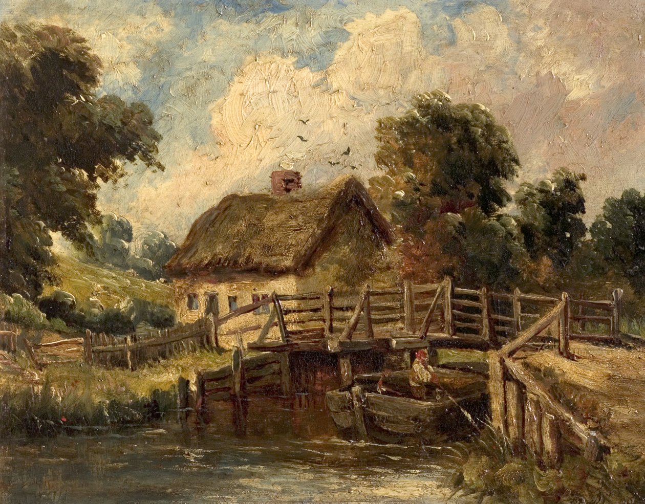 Domek w pobliżu East Bergholt, Suffolk (olej na płótnie) autorstwa British School