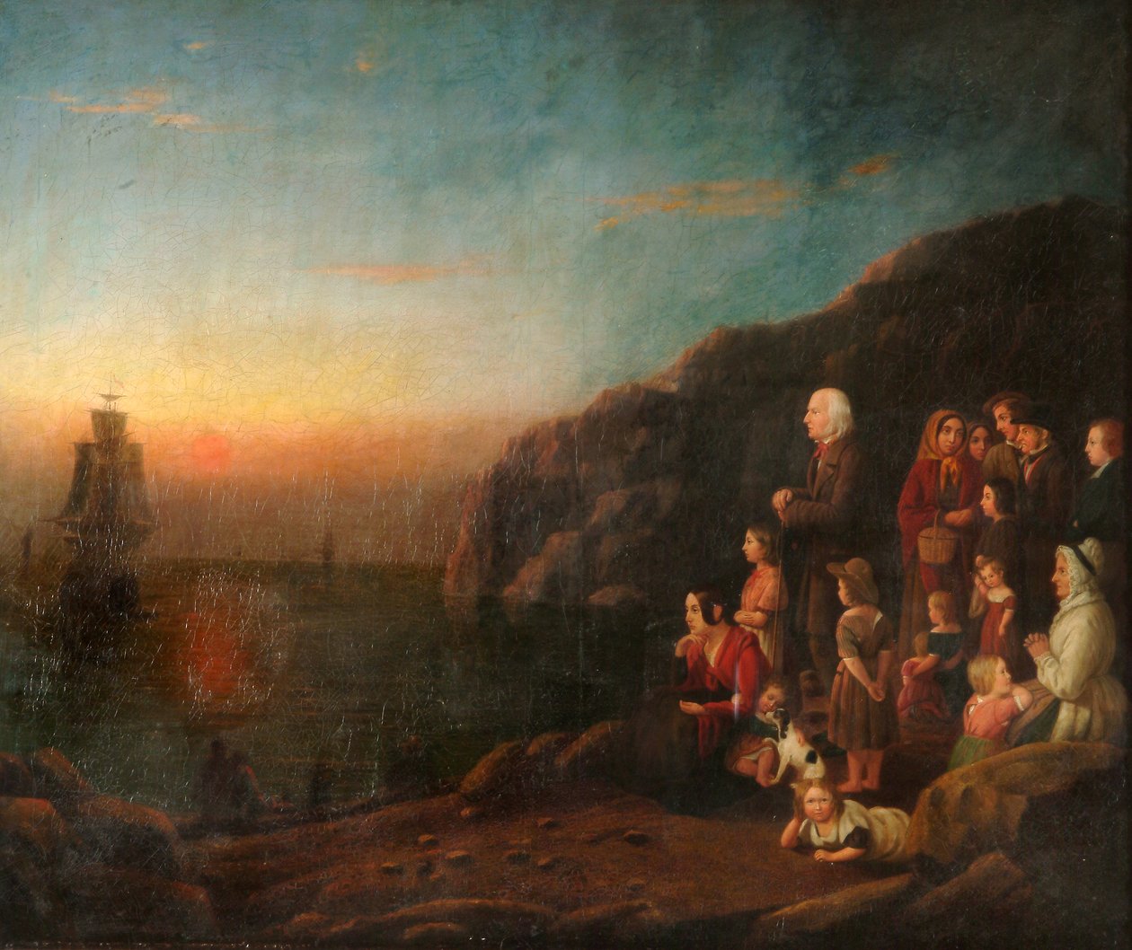 Wyjazd „Mayflower” w 1620 r. (olej na płótnie) autorstwa British School