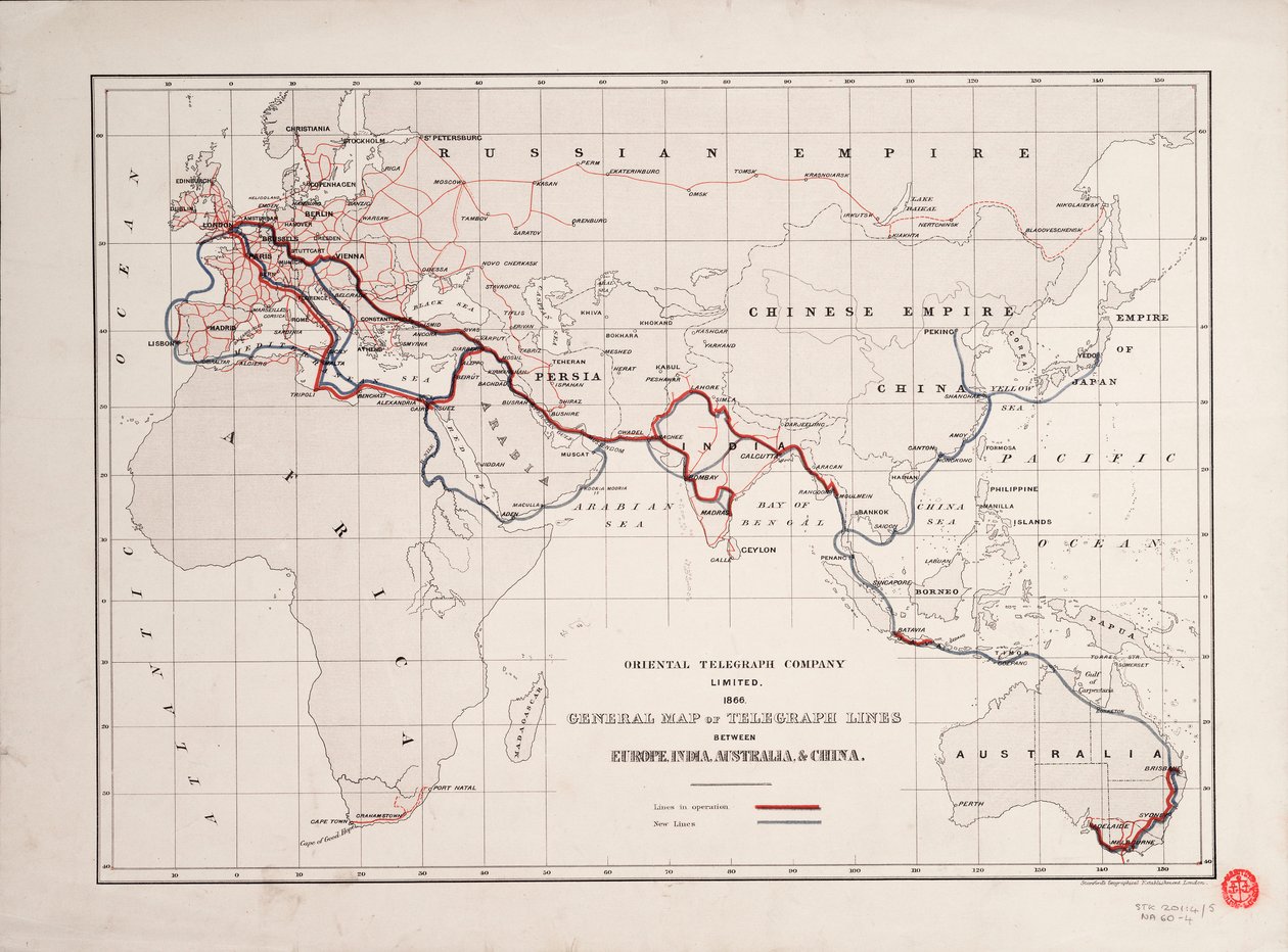 Ogólna mapa linii telegraficznych między Europą, Indiami, Australią i Chinami autorstwa British School