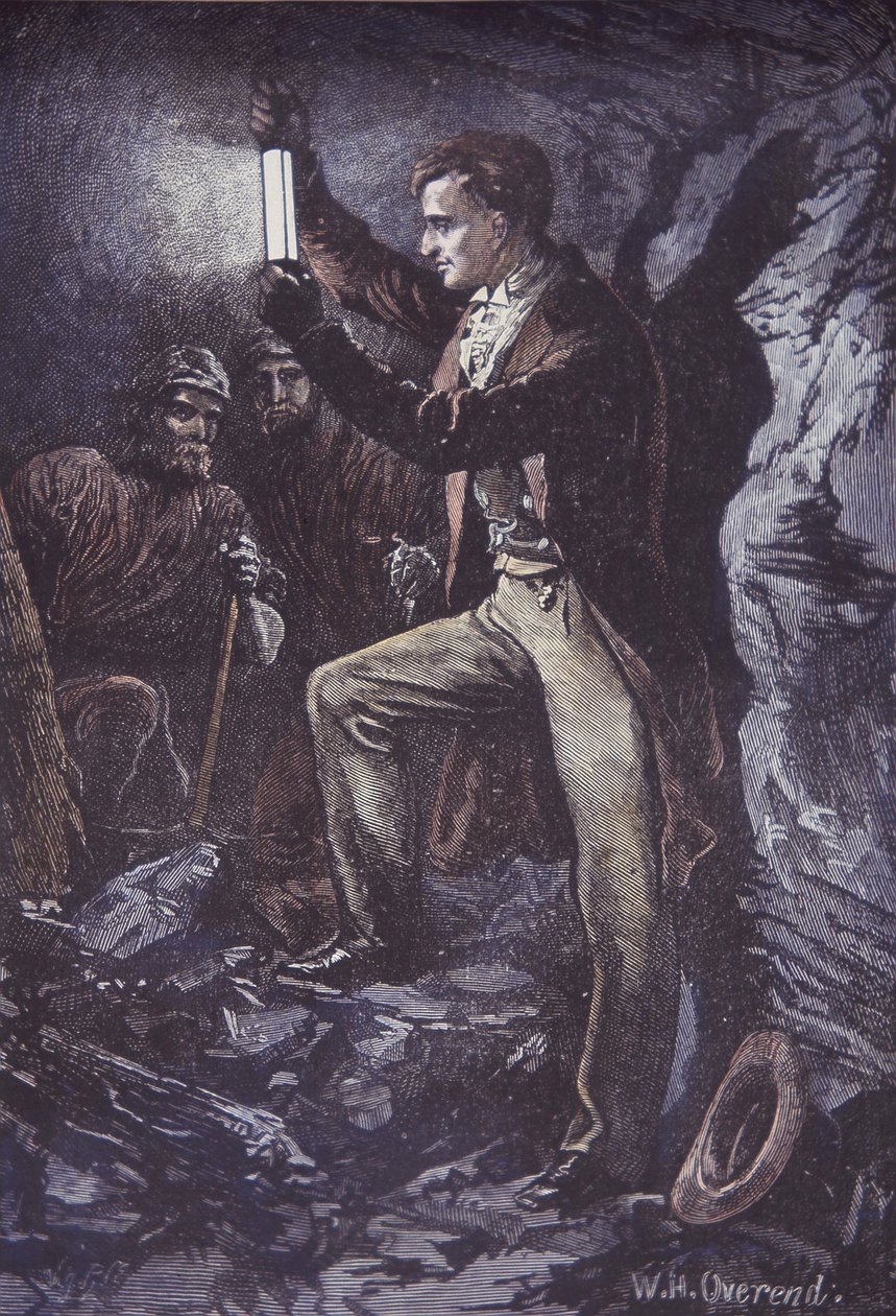 Humphry Davy z górniczą lampą bezpieczeństwa Davy, wynalezioną w 1815 r. (drewno ręcznie barwione) autorstwa British School