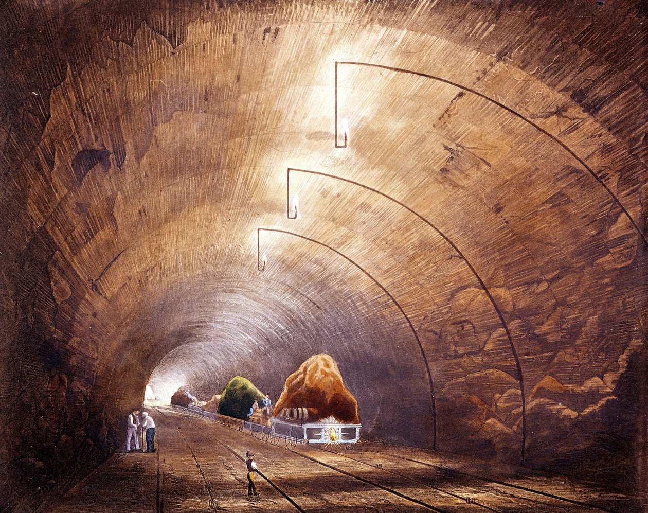 Rewolucja przemysłowa: tunel kolejowy na linii Manchester - Liverpool. Tabliczka zaczerpnięta z „”Liverpool and Manchester Railway””, Londyn 1832. autorstwa British School
