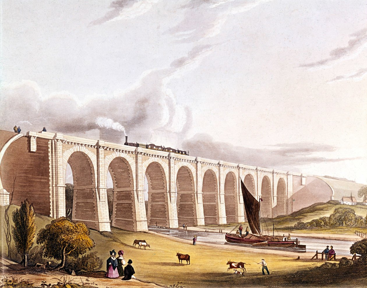 Rewolucja przemysłowa: widok na wiadukt kolejowy przecinający dolinę Sankey. Tabliczka zaczerpnięta z „”Liverpool & Manchester Railway””, Londyn 1832. autorstwa British School