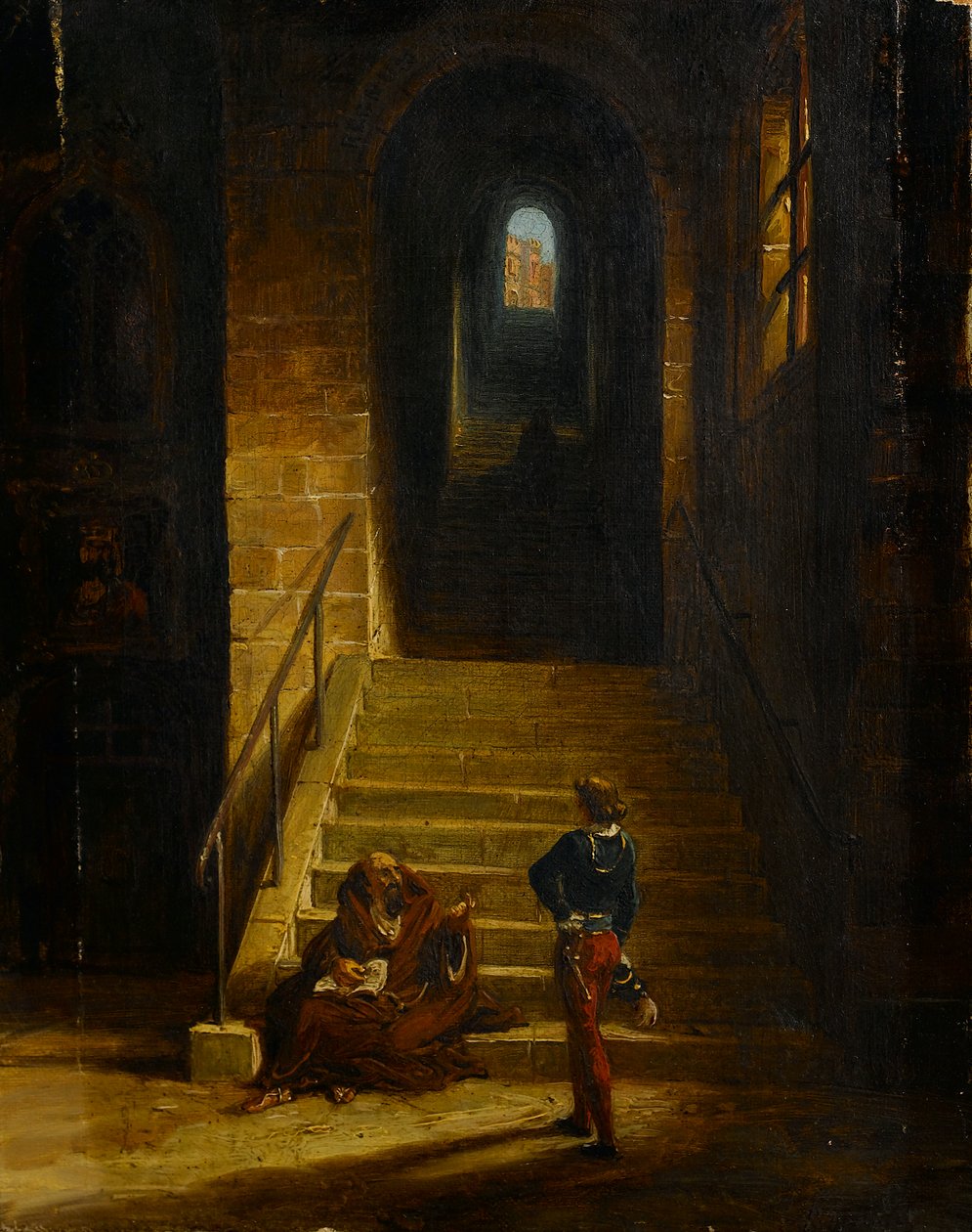 Wnętrze zamku z siedzącym mnichem, ok. 1850 (olej na płótnie) autorstwa British School