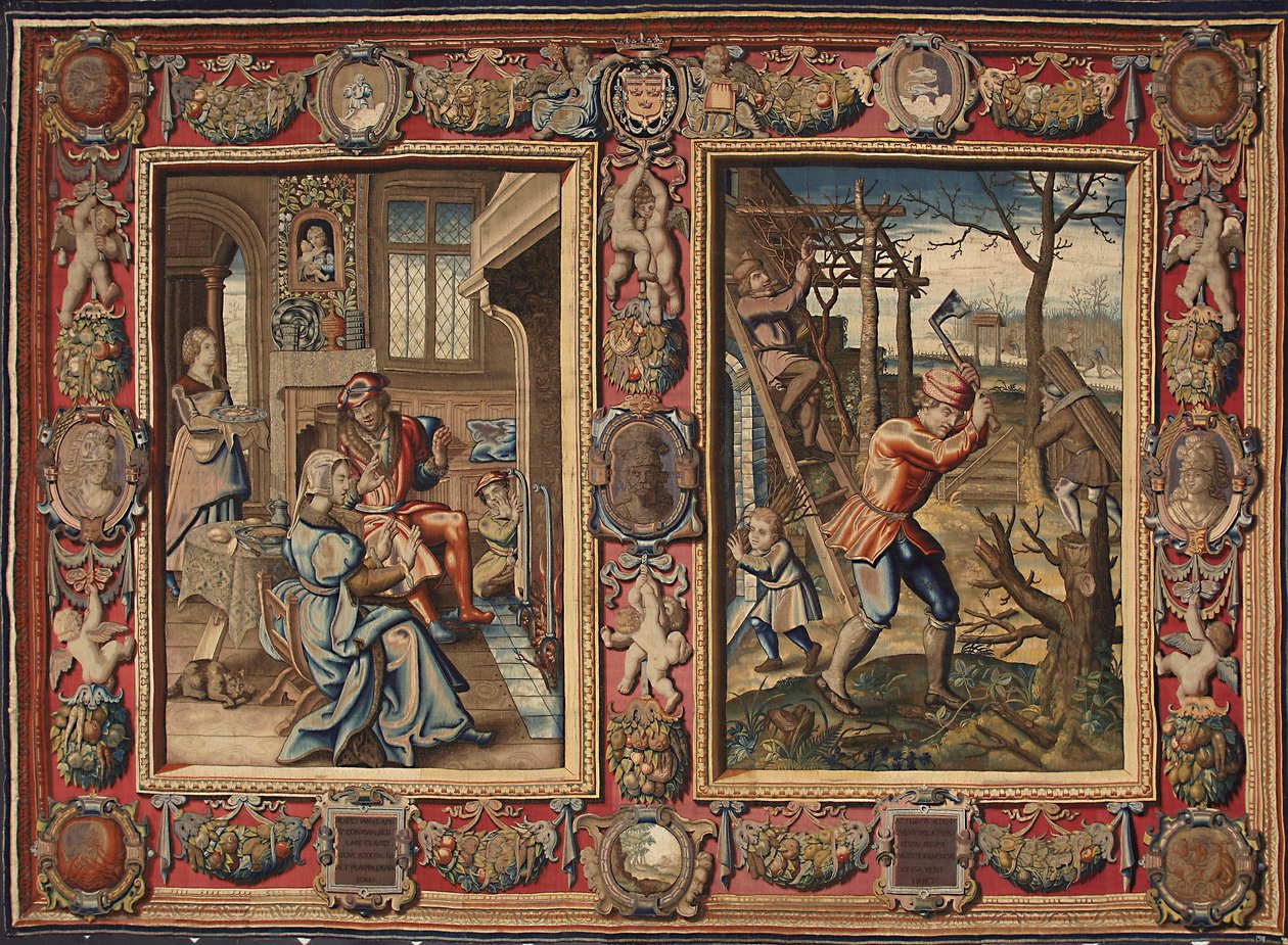 Styczeń i luty: „Para przy ognisku i drwal”” Gobelin manufaktur Mortlake. Geny z XVII wieku, Musei di Strada Nuova autorstwa British School