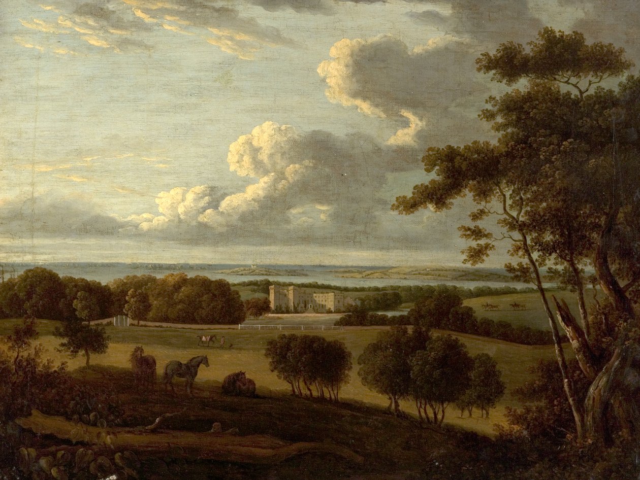 Krajobraz w pobliżu Wybrzeża (widok posiadłości z morzem w oddali) (olej na płótnie) autorstwa British School