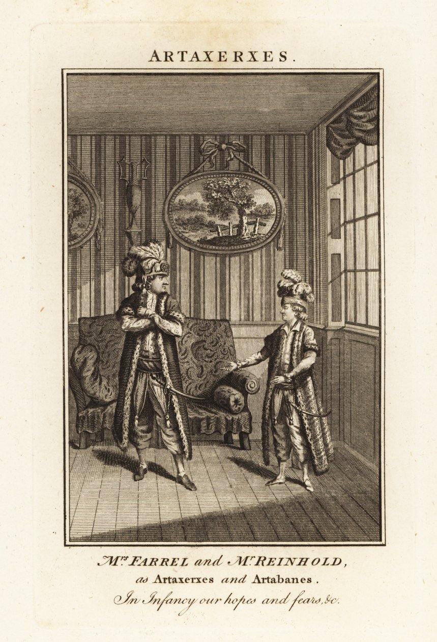 Pani Margaret Farrel i Pan Charles Frederick Reinhold w strojach perskich jako Artakserkses i Artabanes w operze Artakserkses Thomasa Arne autorstwa British School