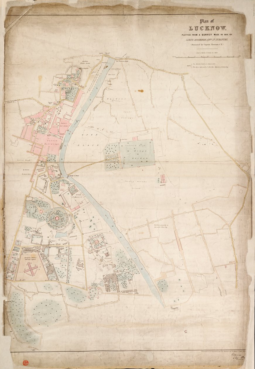 Plan Lucknow, wykreślony na podstawie pomiarów wykonanych w 1856 r. przez porucznika Moorsoma, 52. Lt. Infantry. (Przedstawiony przez kapitana Moorsoma, C.E.), ok. 1856 r. (jedwab, papier) autorstwa British School