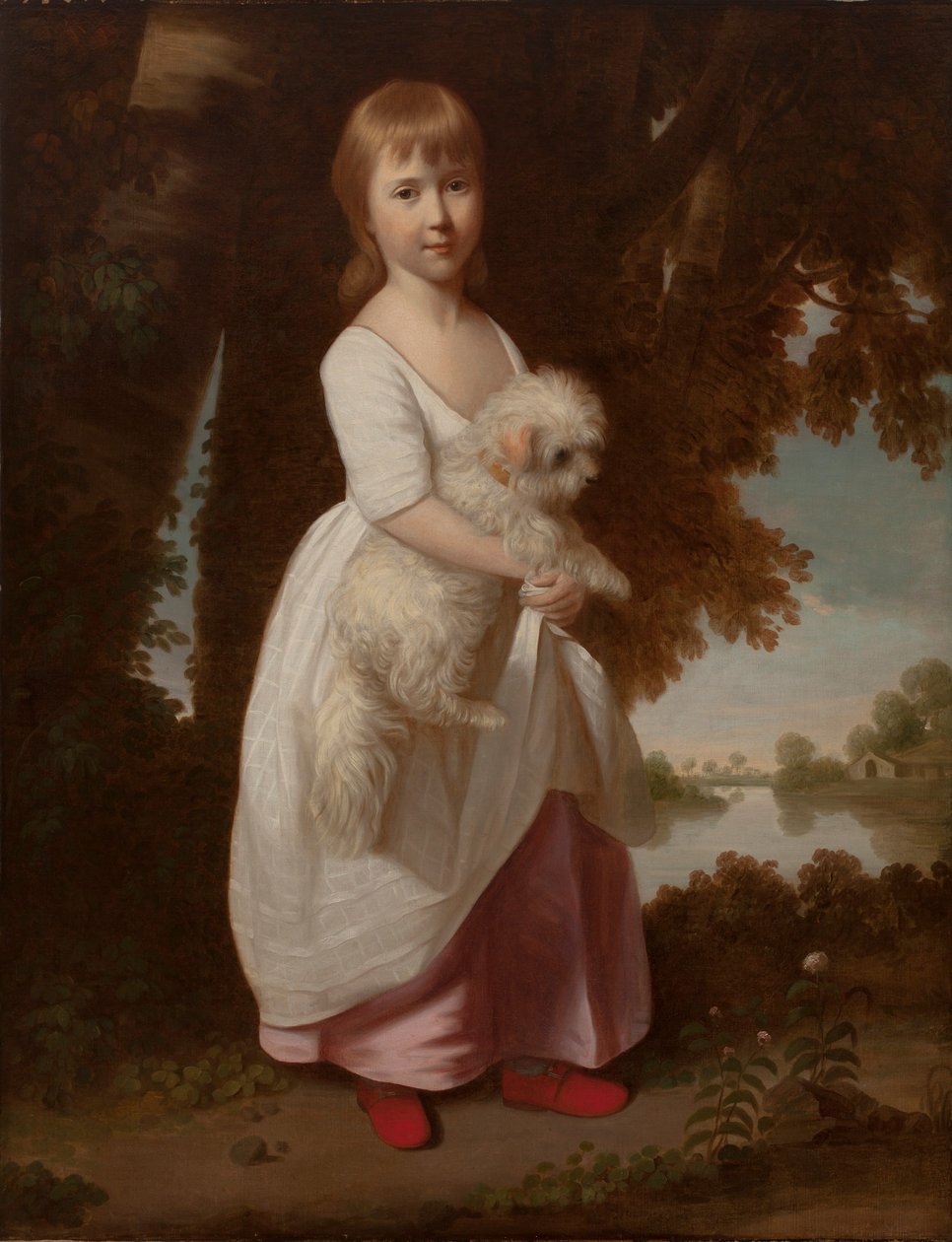 Portret dziewczynki trzymającej maltańskiego spaniela autorstwa British School
