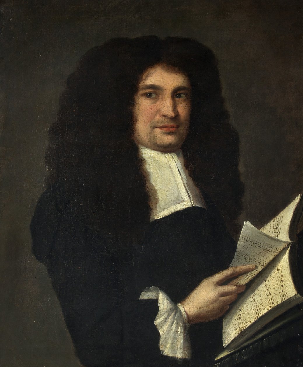 Portret mężczyzny z księgą muzyczną, ok. 1700 (olej na płótnie) autorstwa British School
